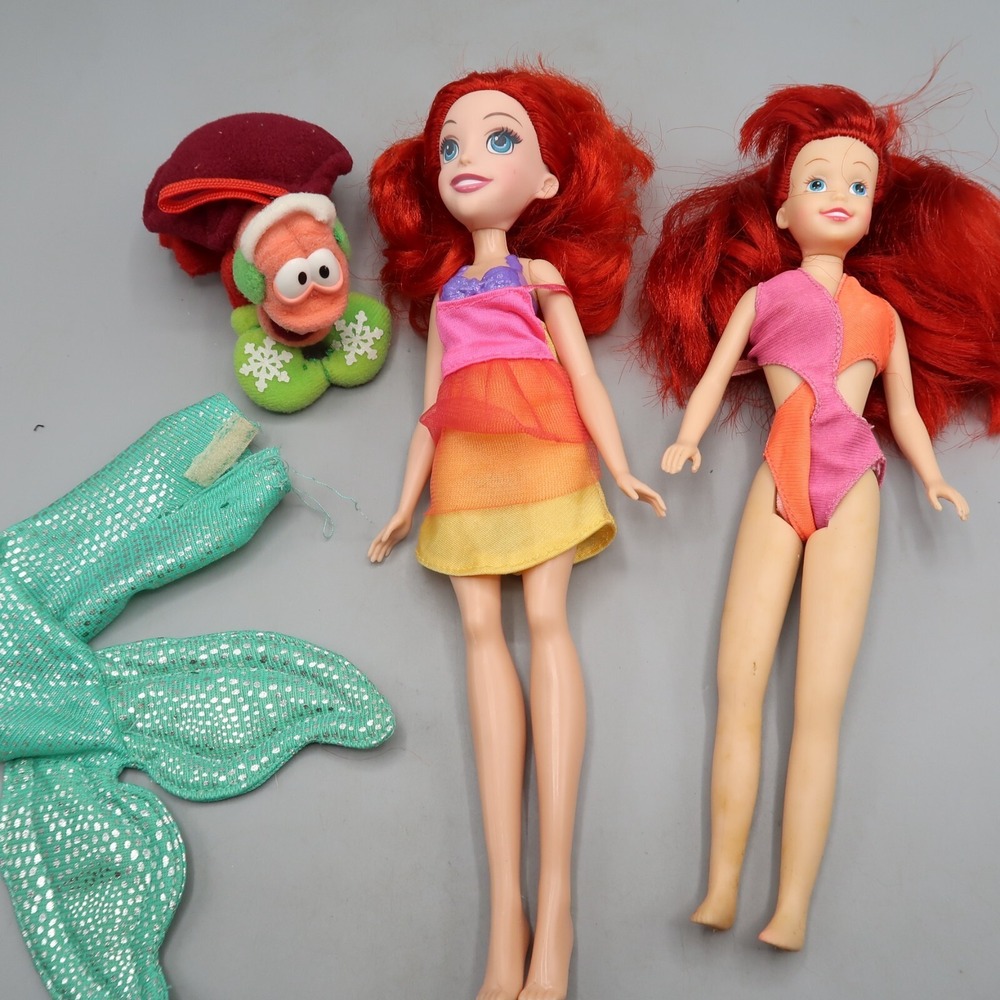 2 Vintage The Little Mermaid Ariel Doll with Plush Crab Disney Princess 90s Lot